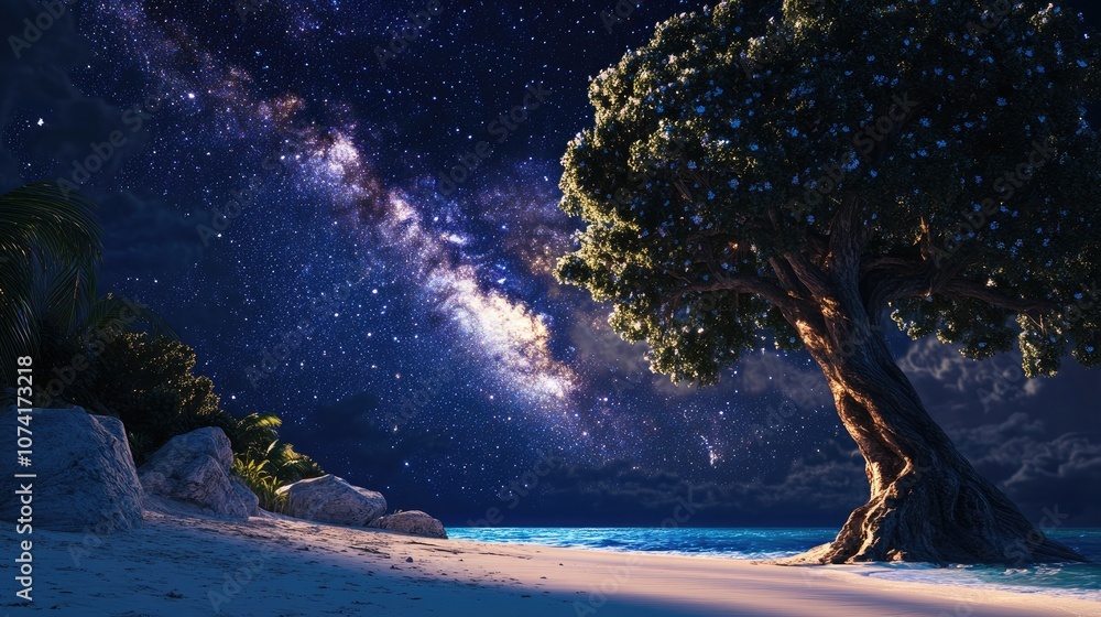 Poster 3d cartoon rendering depicting the milky way above a large tree on a tropical beach under a night sk