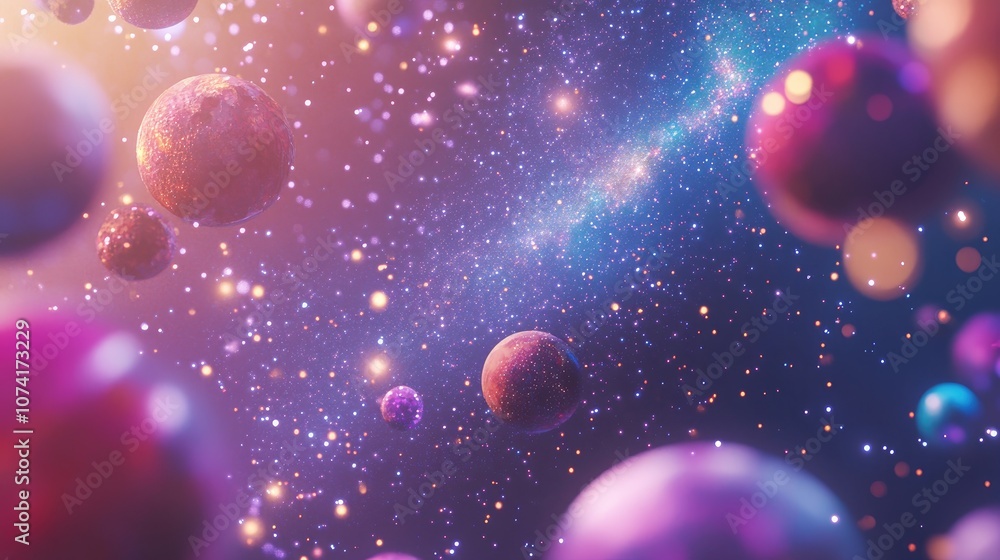 Poster Cosmic background featuring star dust and pixie dust glitter alongside a 3D cartoon rendering of the Milky Way with a conceptual image of space stars and planets