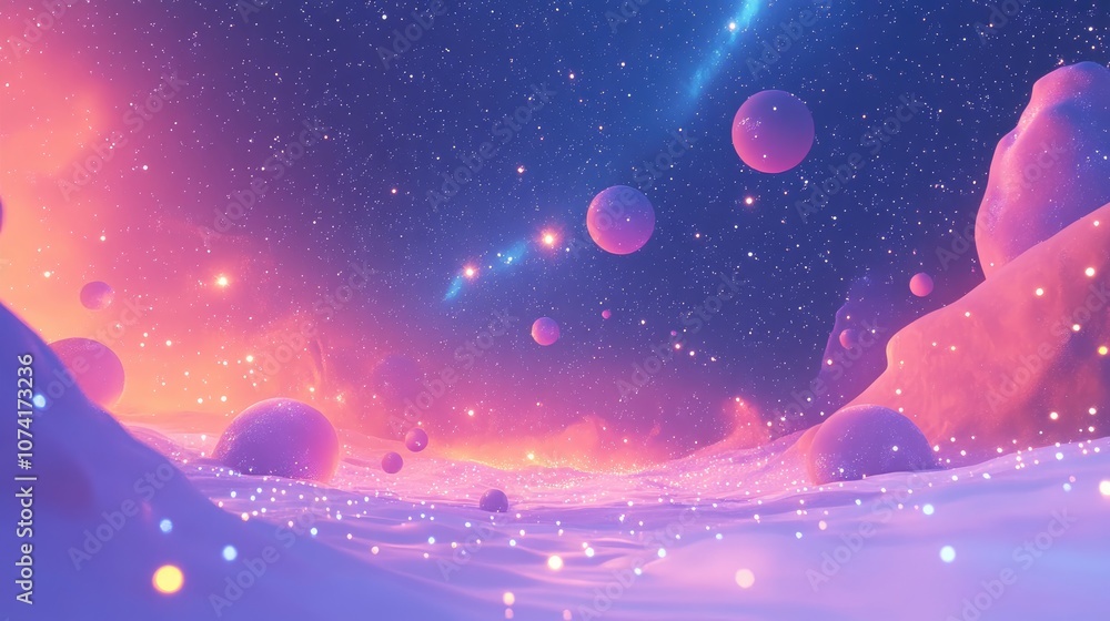 Poster 3D cartoon rendering featuring stars from a galaxy in open space