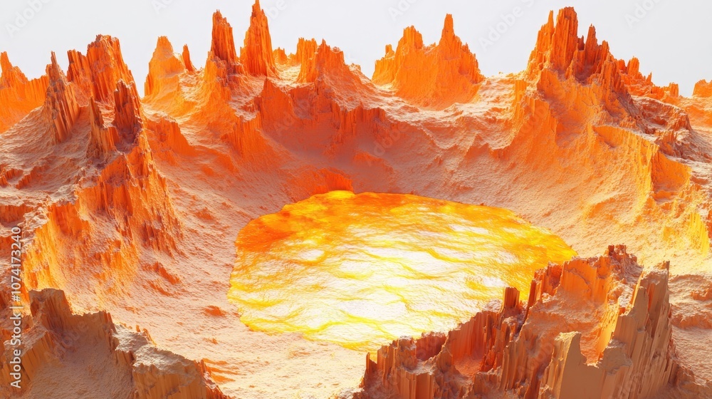 Poster cartoon rendering in 3d of a cut out planet composed of lava featuring orange rock formations suitab