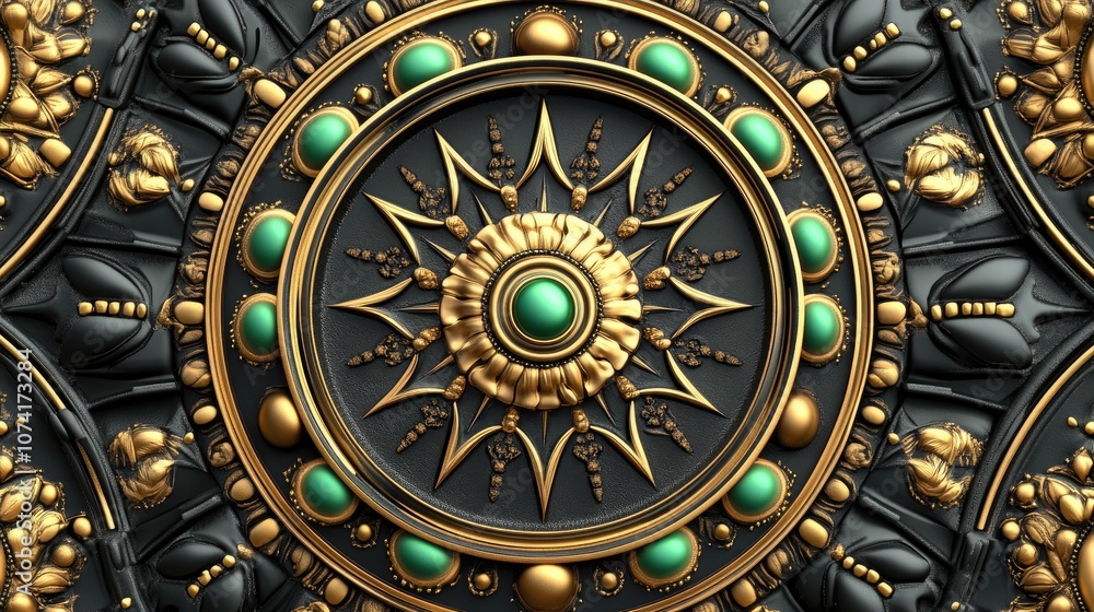 Poster 3d cartoon rendering featuring a mandala pattern with sacred geometry in black gold yellow and green