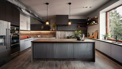 Minimalist Industrial Kitchen with Concrete Island, Metal Cabinets, and Rustic Accents