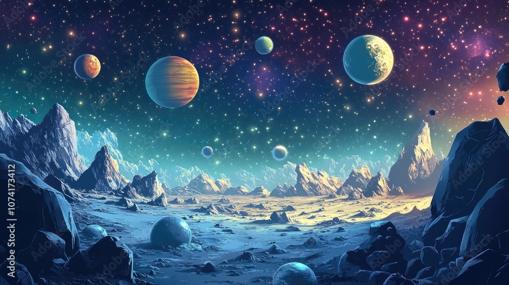 Aufkleber 2d illustration featuring a cartoon space background with a deep vast expanse filled with stars plan