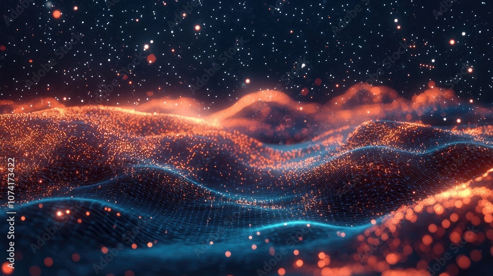 Aufkleber Abstract landscape in a dark background featuring a 3D cartoon rendering of a cyberspace grid and a hi tech network with a starry outer space texture