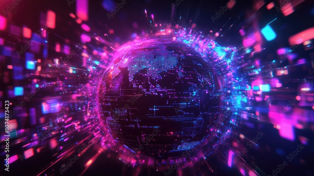 Fototapete abstract global technology background featuring a 3d cartoon rendering concept of digital innovation
