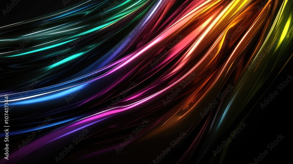 Poster Colored shiny lines on a black background in a 3D cartoon rendering