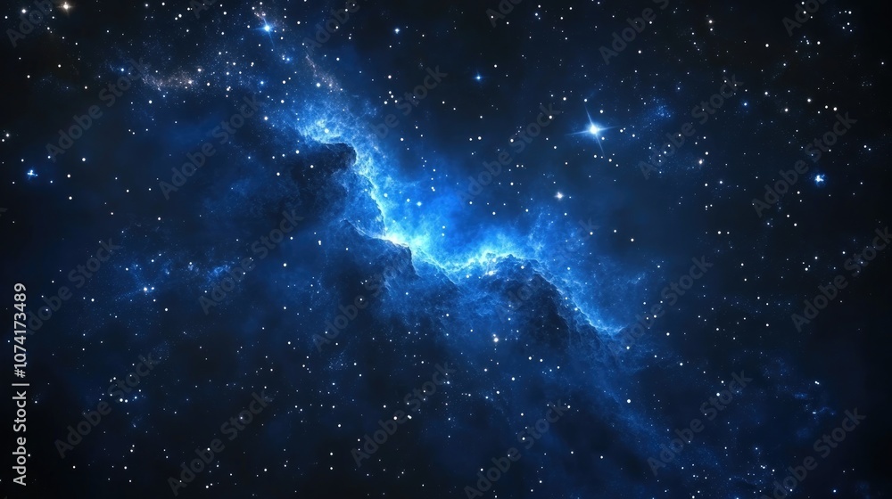 Poster Dark interstellar space in a 3D cartoon rendering A 2D illustration featuring stars in deep space and a blue cold nebula against a dark night sky