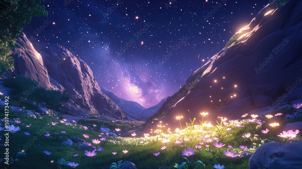 Poster cartoon rendering in 3d of the milky way in a mountainous setting