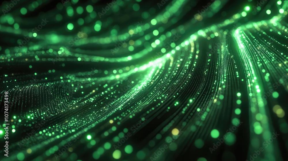 Aufkleber Abstract sci fi background featuring glow particles that form curved lines surfaces and hologram structures in a virtual digital space Green motion design backdrop representing microworld or cosmi