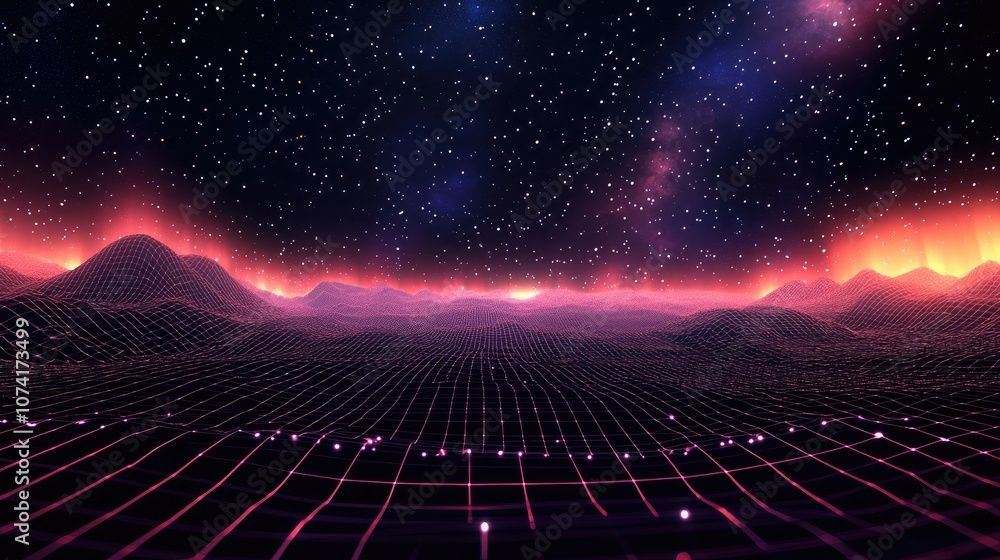 Poster Abstract landscape in a 3D cartoon rendering features a dark background star horizon cyberspace grid and a hi tech network presenting a starry outer space texture in this 3D illustration