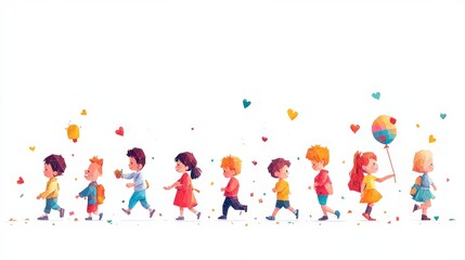 Colorful and Joyful Illustration of Children Walking in a Line with Hearts and Balloons, Celebrating Friendship and Togetherness in a Whimsical Style