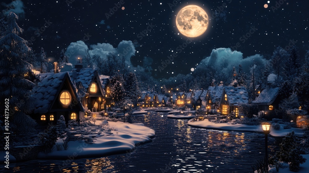 Poster cartoon rendering in 3d of a moonlit night scene