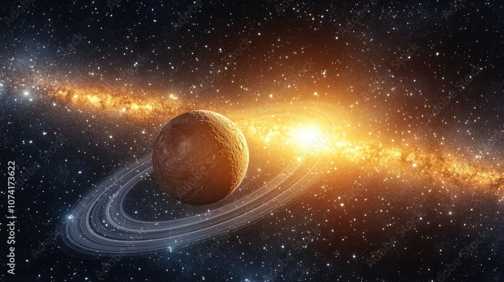 Poster 3D illustration of Mercury in the solar system within the Milky Way featuring a white background in cartoon rendering style