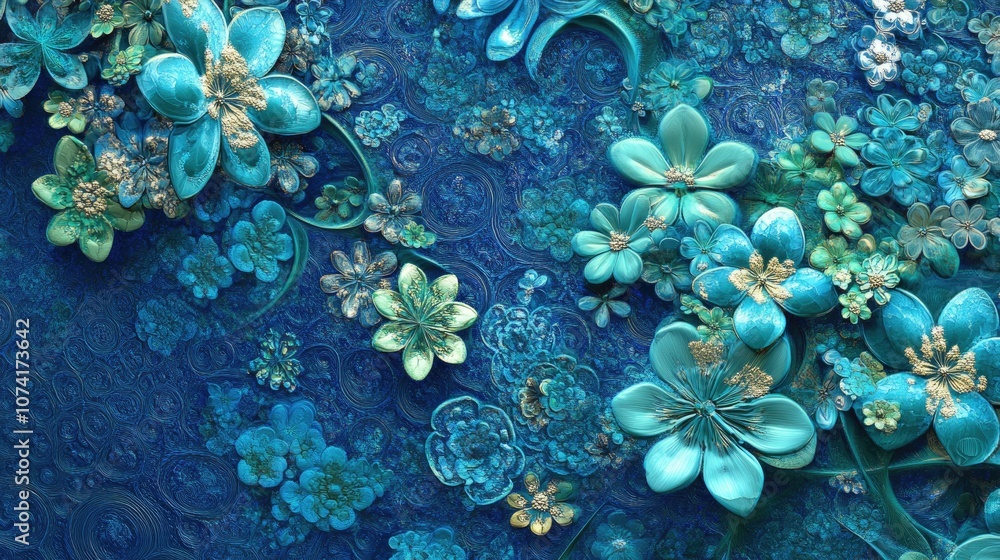 Poster floral pattern textured blue and green fractal artwork designs in 3d cartoon rendering for versatile