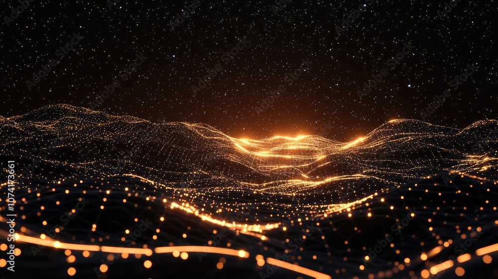 Poster Abstract landscape in a 3D cartoon rendering features a dark background star horizon cyberspace grid and a hi tech network presenting a starry outer space texture in this 3D illustration