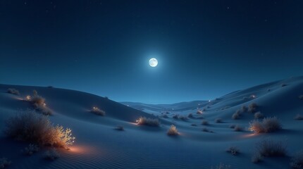 Glowing Sand Dunes in a Surreal Desert Under Starry Night