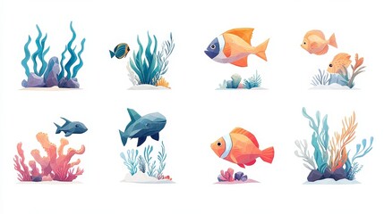 Fototapeta premium Colorful Illustrations of Fish and Underwater Plants in a Vibrant Ocean Ecosystem, Perfect for Educational Materials or Decorative Purposes