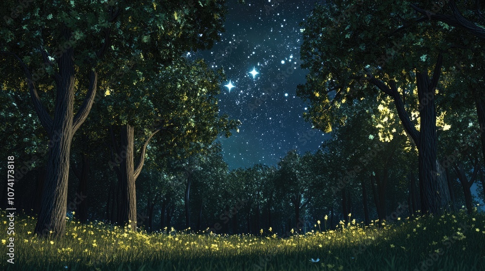 Aufkleber the stars peek through the trees to greet tonight in a 3d cartoon rendering