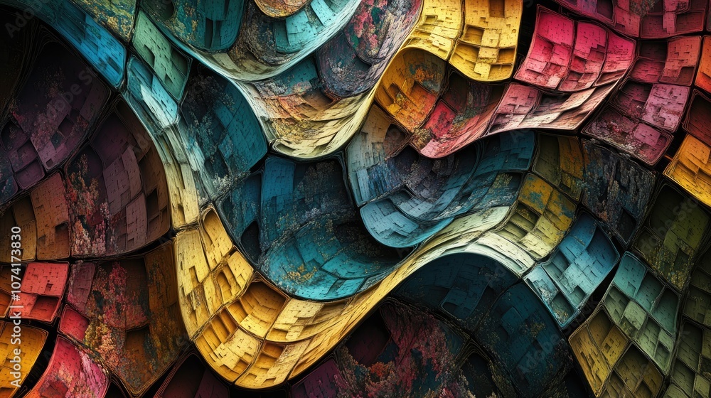 Poster Extruded abstract fractal background featuring a 3D cartoon rendering Modern art painting with futuristic wavy fractal artwork showcasing trendy desktop wallpaper and colorful abstract 3D rendered