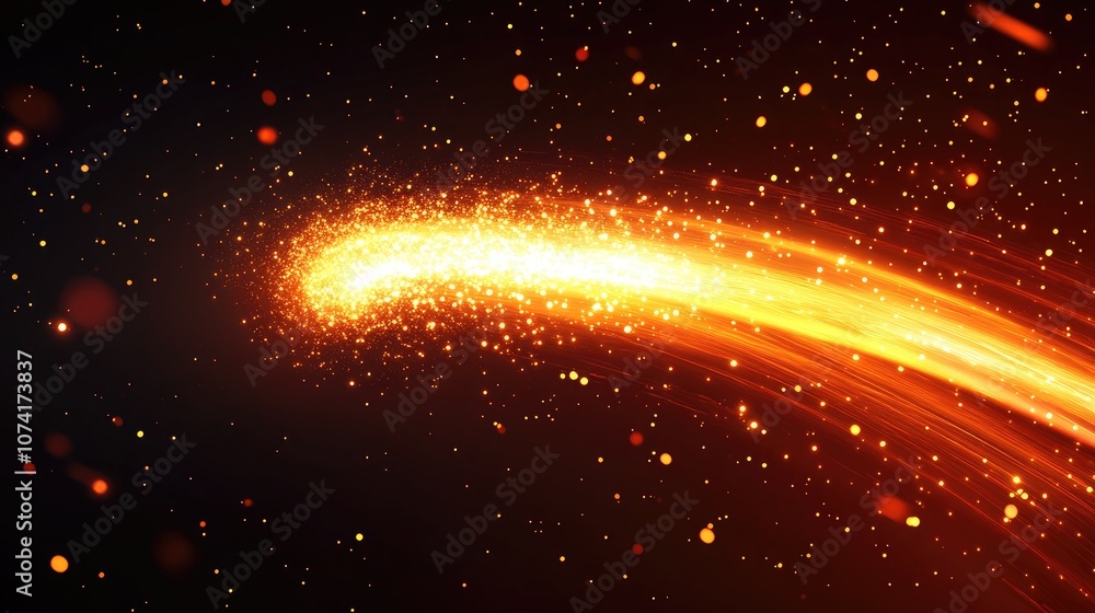 Poster Fire comet flying in 3D cartoon rendering featuring shining lights in motion alongside small particles and a plasma ring against a dark background Abstract design