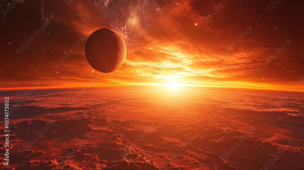 Aufkleber 3d rendering of a space scene featuring a red planet during sunset