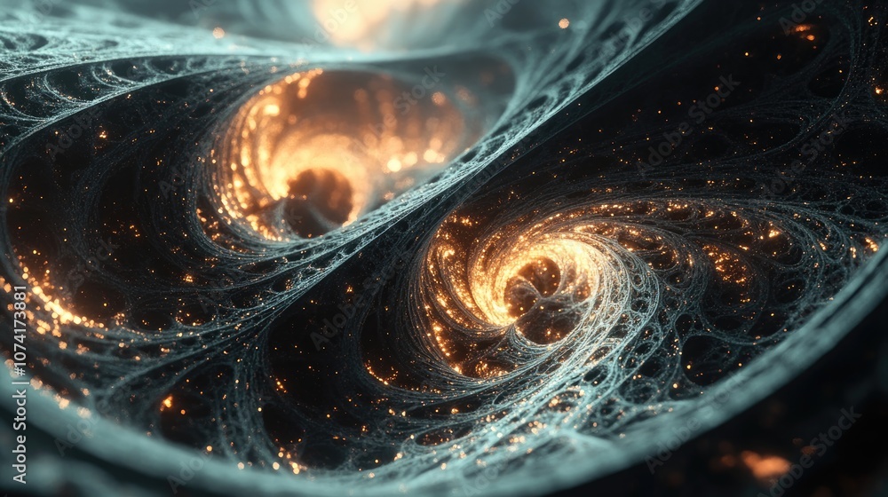 Poster abstract fractal illustration resembling galaxies in 3d cartoon rendering