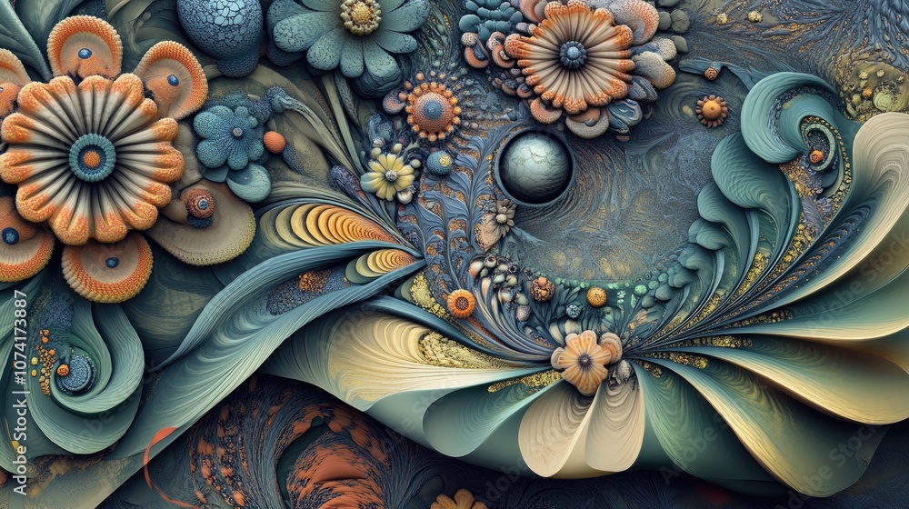 Poster Abstract fractal patterns and shapes in a 3D cartoon rendering Dynamic flowing natural forms featuring flowers and spirals creating a mysterious psychedelic relaxation pattern