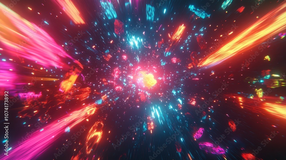 Aufkleber Colorful abstract radiant flash in a 3D cartoon rendering depicting an explosion and hyper acceleration race for speed in a futuristic outer space setting