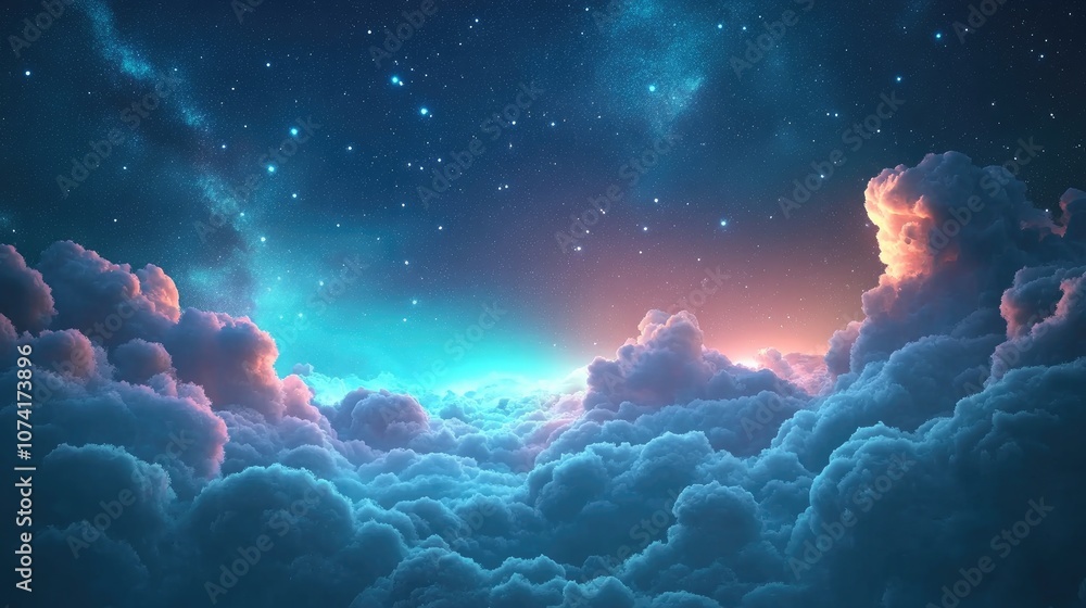 Poster landscape background of a fantasy alien galaxy featuring glowing clouds and stars illuminated by lig
