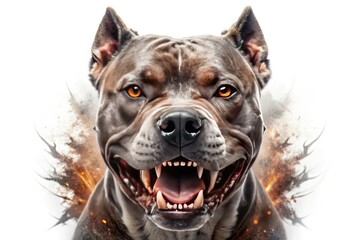 Obraz premium Intense Pit Bull Portrait - Fierce and Fearsome Dog Photography, Double Exposure Art, Aggression and Power, Isolated on White Background