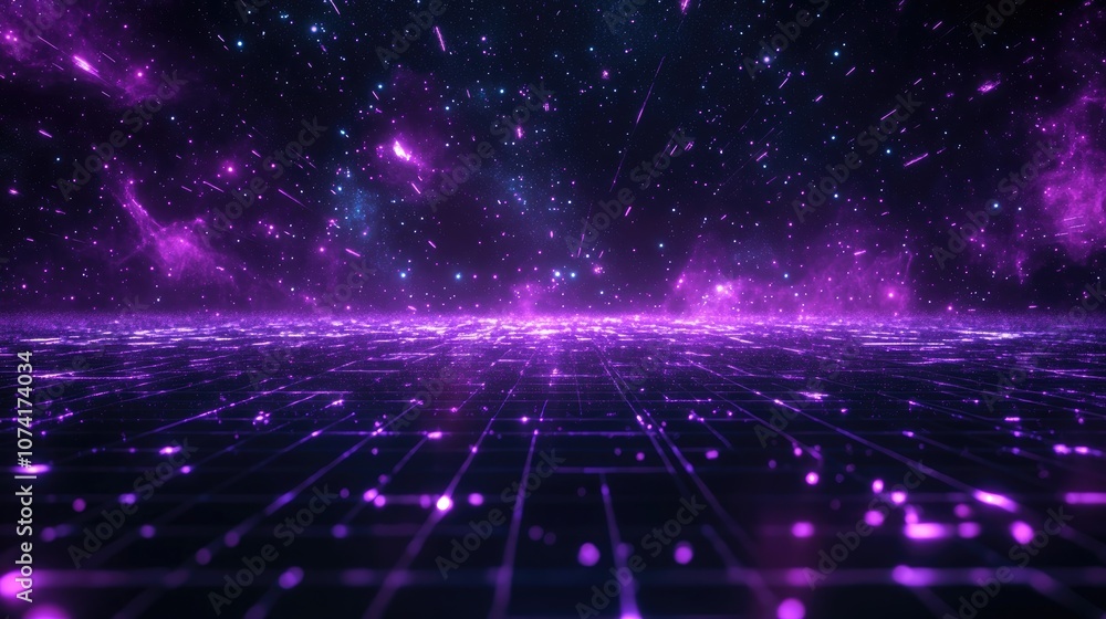Poster abstract ultraviolet landscape featuring a dark background with a purple cyberspace grid showcasing 