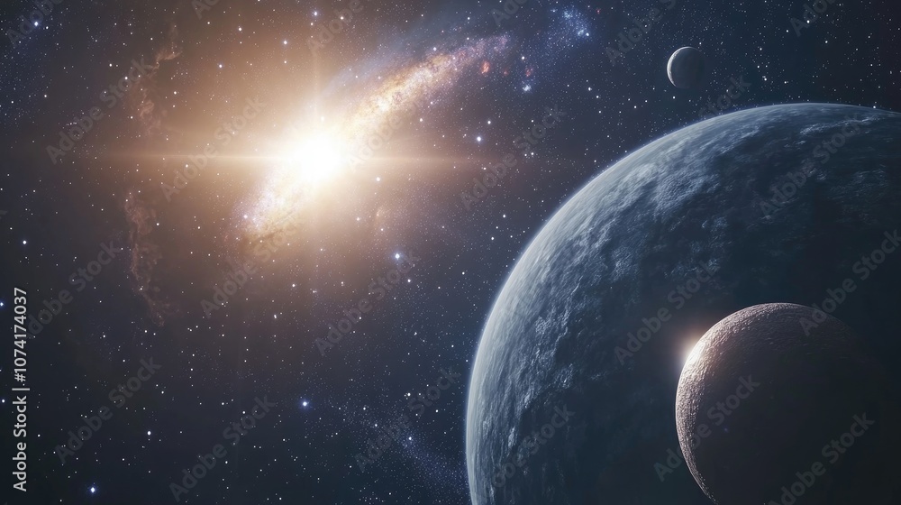 Poster 3d cartoon visualization of celestial bodies and a galaxy in open space