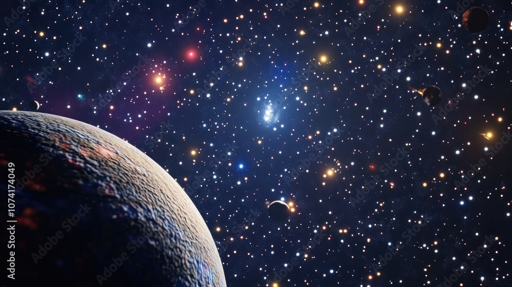 Poster 3d cartoon depiction of the stars surrounding a planet and galaxy in open space