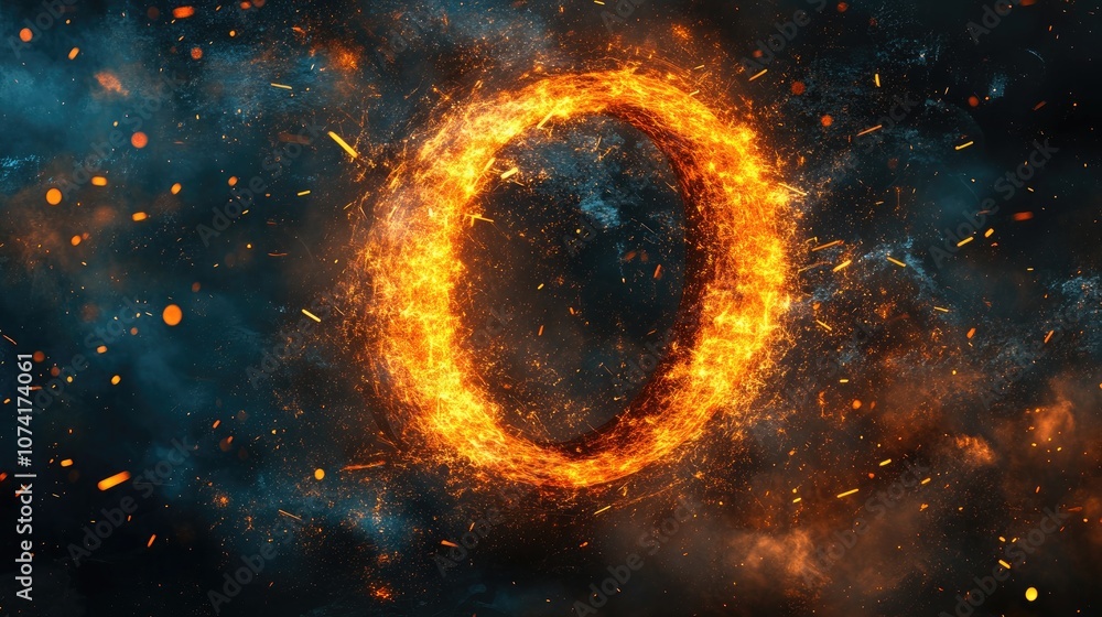 Poster Abstract space wallpaper with a 3D cartoon rendering of the letter O featuring sparks of light and a grunge style background with ample copy space