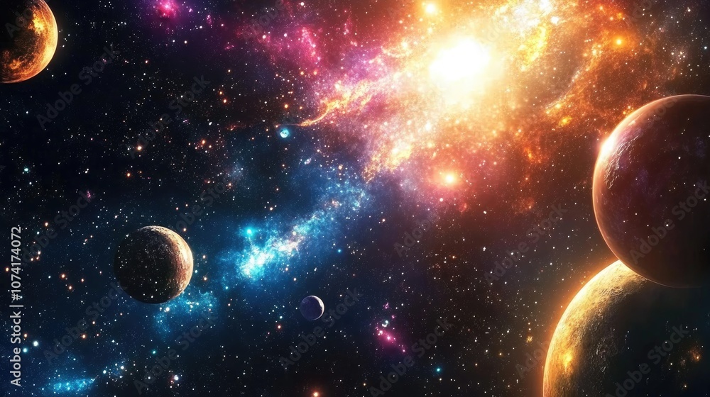 Aufkleber 2D illustration in 3D cartoon rendering A realistic background featuring a star pattern in deep interstellar space with bright flashing stars planets and moons Various creative science fiction bac