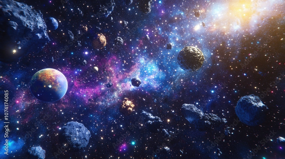 Poster 2d illustration featuring a 3d cartoon rendering of a vibrant space background it includes a deep ex