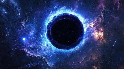 3D cartoon illustration featuring a black hole vibrant stars in the depths of space a cool blue nebula and a dark night sky amidst interstellar darkness