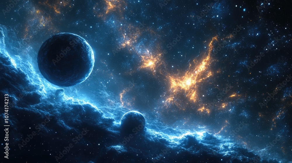Poster 2D illustration with a 3D cartoon rendering depicting a deep vast space filled with bright stars planets and moons featuring various science fiction themed backdrops and alien solar systems in a r