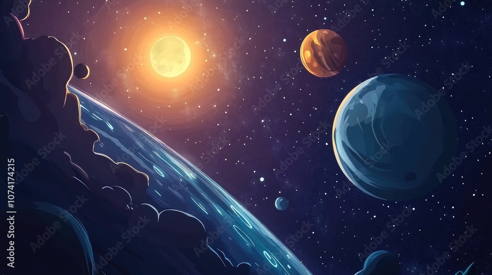 Poster 2d illustration featuring a cartoon space background with elements of deep vast space stars planets 