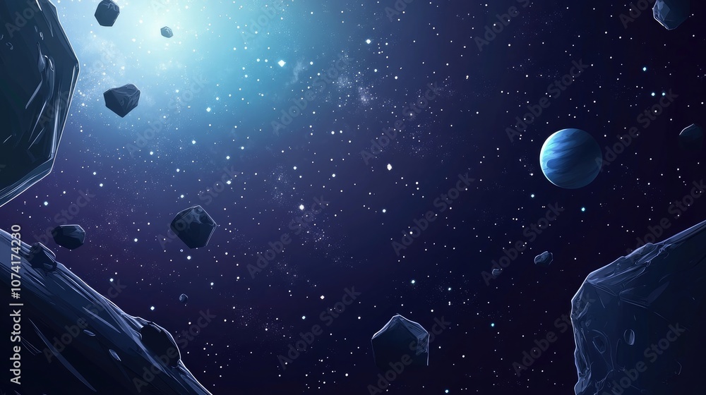 Poster 2d illustration in a cartoon draw style featuring a 3d rendering of deep vast space the image includ