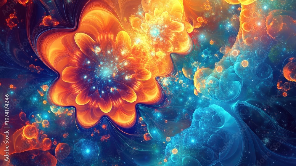 Poster Artistic fractal shapes backdrop in a 3D cartoon rendering Abstract colorful cosmic background with a splash texture Blue light illustration