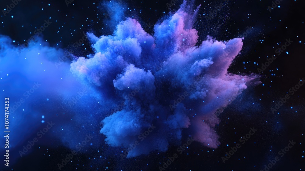 Poster blue powder explosion on a black background featuring a colorful dust cloud in a 3d cartoon renderin