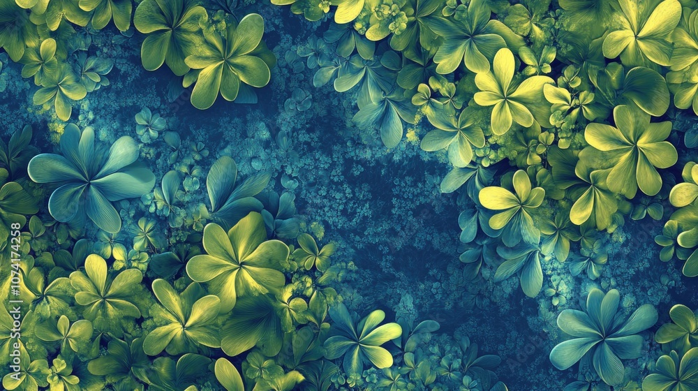 Poster floral pattern textured blue and green fractal artwork designs in 3d cartoon rendering for versatile