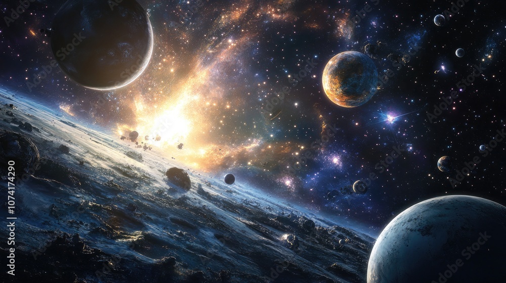 Poster 3d cartoon depiction of 2d illustration featuring deep interstellar space with stars planets moons a
