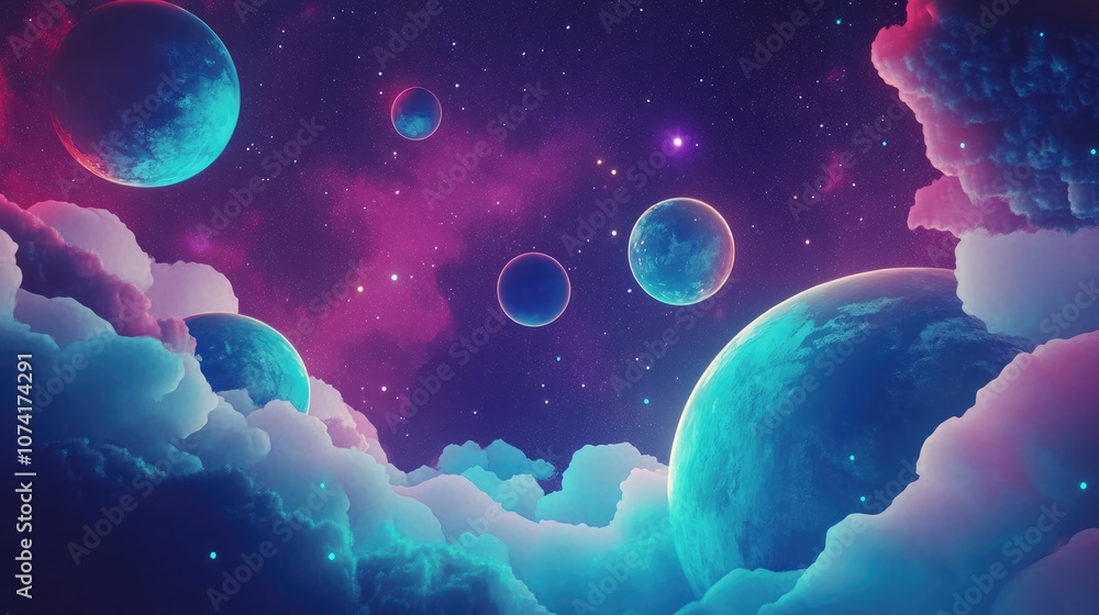 Poster 2d illustration of a 3d cartoon rendering cartoon image depicting deep interstellar space with stars