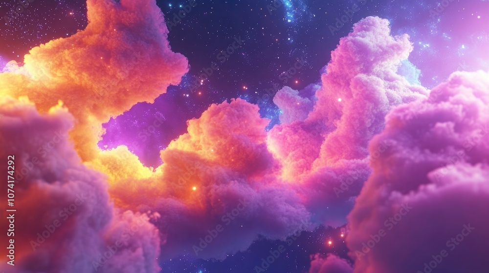 Poster Awesome colorful nebula in an endless universe depicted in 3D cartoon rendering