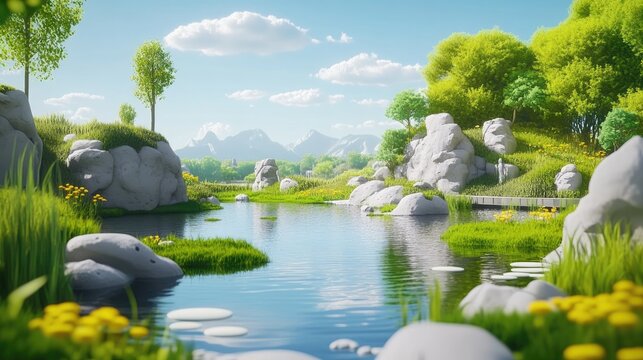 3D cartoon depiction of serene lakes and nature