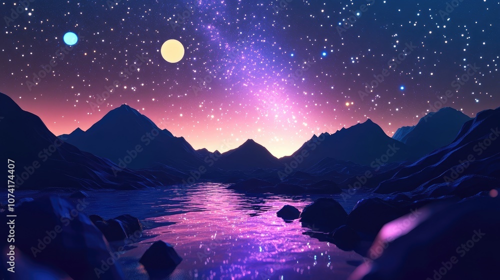 Poster Cartoon rendering in 3D of the Milky Way in a mountainous setting