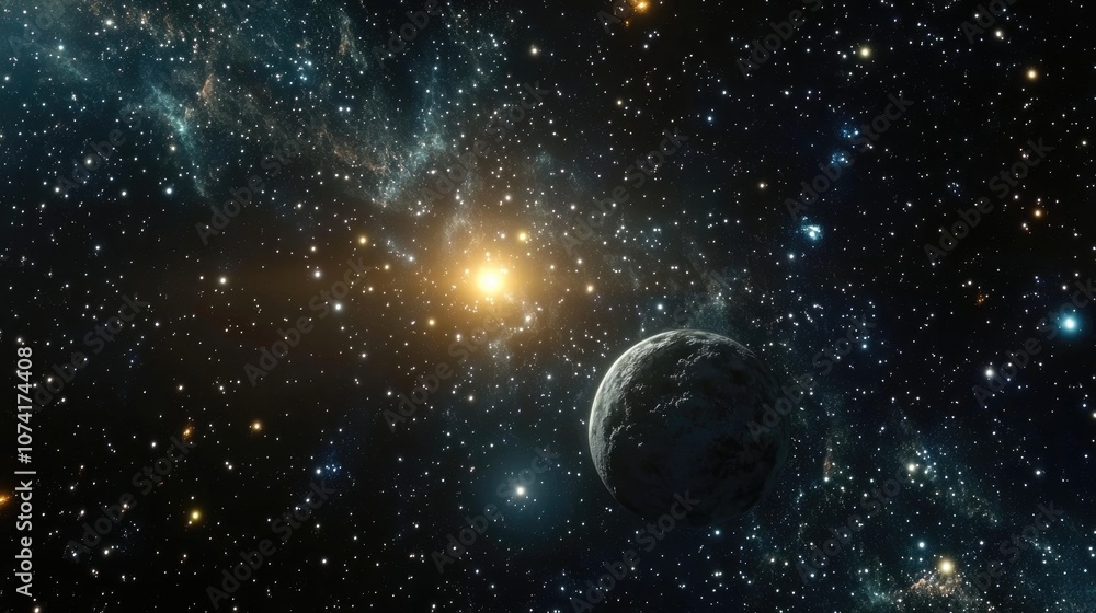 Poster 3d cartoon depiction of the stars surrounding a planet and galaxy in open space