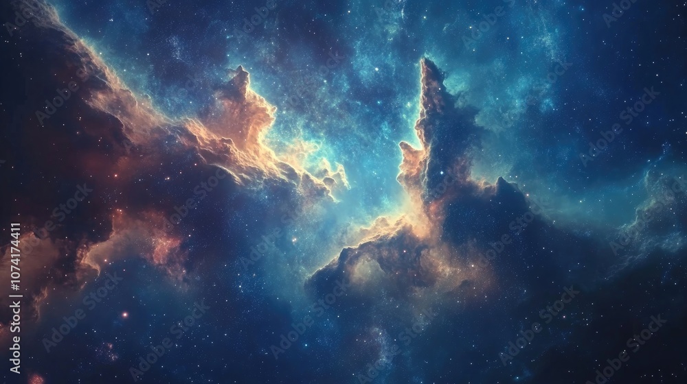 Poster Cartoon rendering in 3D of a nebula and the universe featuring a blue background
